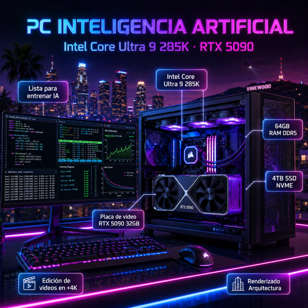 PC Inteligencia Artificial Extrema Intel Core Ultra 9 285K RTX 5090 32GB RAM 64gb SSD 4TB M2