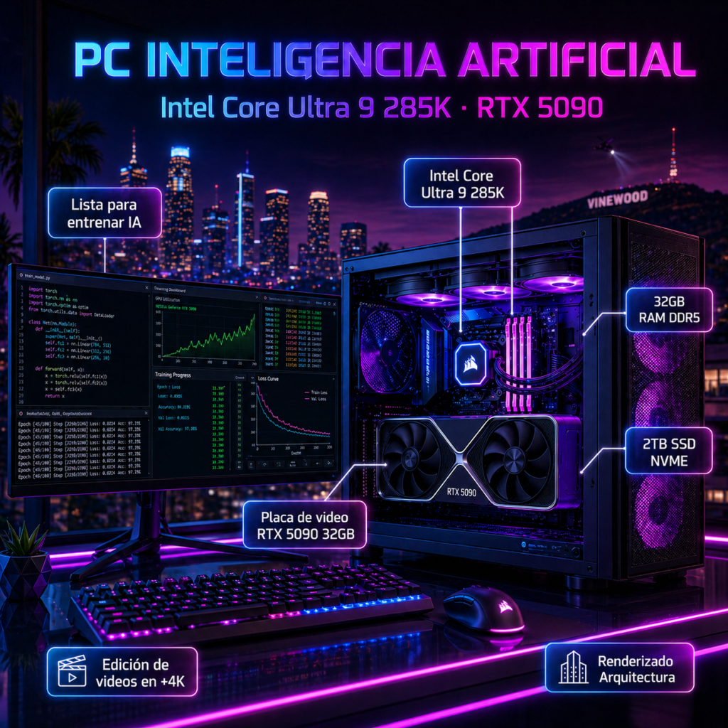 PC Inteligencia Artificial Extrema Intel Core Ultra 9 285K RTX 5090 32GB RAM 32gb SSD 2TB M2