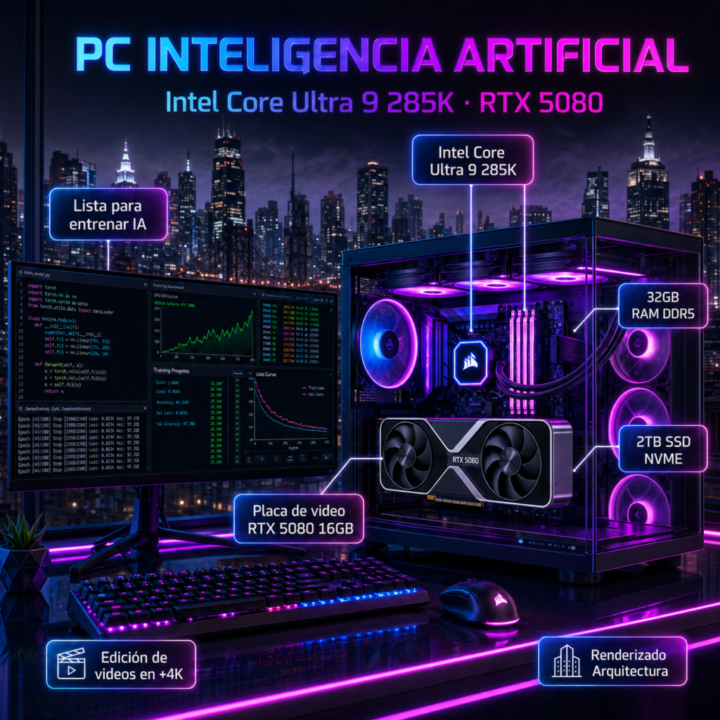 PC Inteligencia Artificial Extrema Intel Core Ultra 9 285K RTX 5080 16GB RAM 32gb SSD 2TB M2