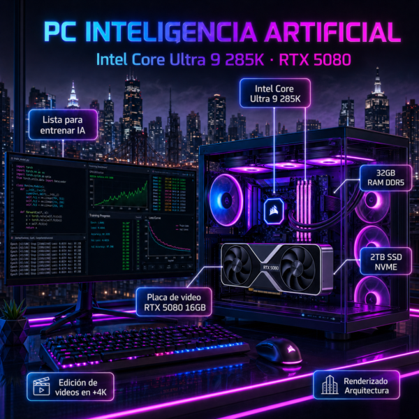 PC Inteligencia Artificial Extrema Intel Core Ultra 9 285K RTX 5080 16GB RAM 32gb SSD 2TB M2