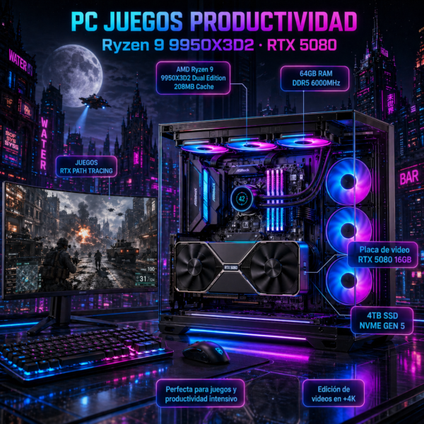 PC Juegos Productividad Extrema Ryzen 9 9950X3D 2 RTX 5080 64GB DDR5 6000MHz SSD 4TB Gen5