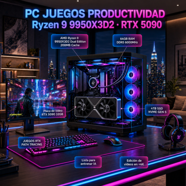 PC Juegos Productividad Extrema Ryzen 9 9950X3D 2 RTX 5090 64GB DDR5 6000MHz SSD 4TB Gen5