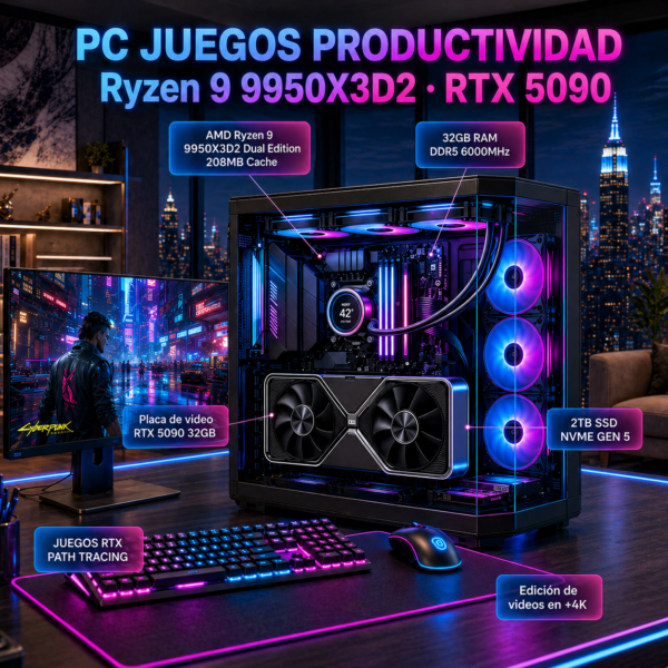 PC Juegos Extrema Ryzen 9 9950X3D 2 RTX 5090 32GB DDR5 6000MHz SSD 2TB Gen5
