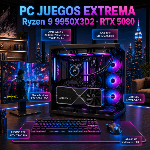 PC Juegos Extrema Ryzen 9 9950X3D 2 RTX 5080 32GB DDR5 6000MHz SSD 2TB Gen5