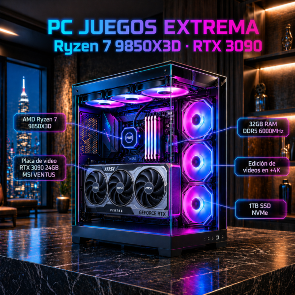 PC Juegos Extrema Ryzen 7 9850X3D RTX 3090 24GB 32GB DDR5 6000MHz SSD 1TB NVMe