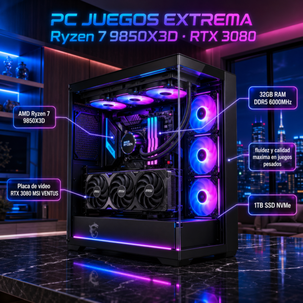 PC Juegos Extrema Ryzen 7 9850X3D RTX 3080 10GB 32GB DDR5 6000MHz SSD 1TB NVMe