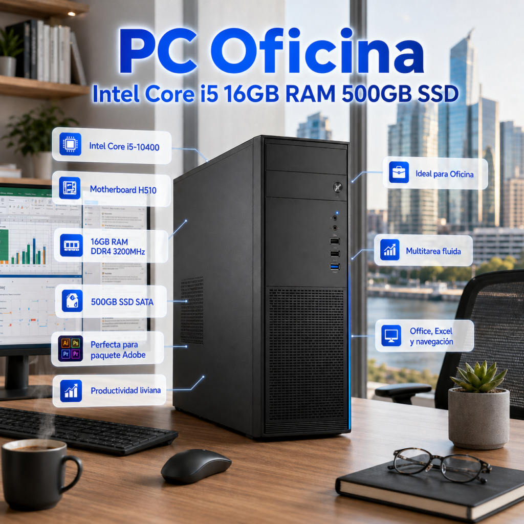 PC Oficina Intel Core i5 10400 16GB DDR4 3200MHz SSD 500GB SATA