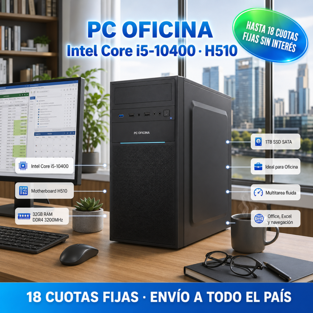 PC Oficina Intel Core i5 10400 32GB DDR4 3200MHz SSD 1TB SATA