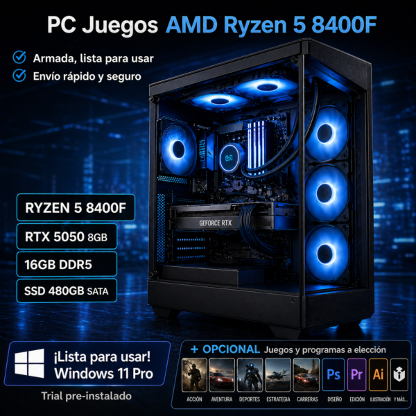 PC Juegos AMD Ryzen 5 8400F RTX 5050 8GB 16GB DDR5 SSD 480GB