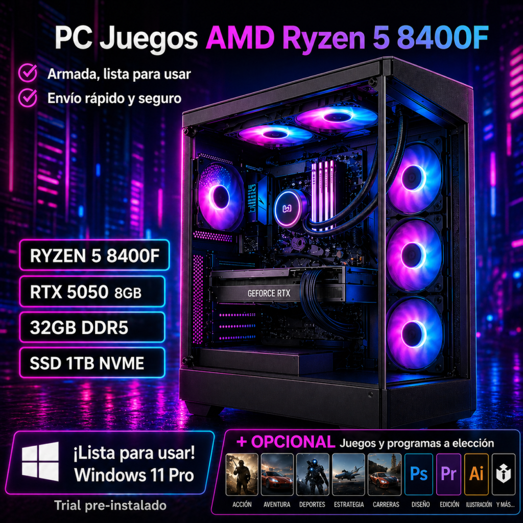 PC Juegos AMD Ryzen 5 8400F RTX 5050 8GB 32GB DDR5 SSD 1TB M2