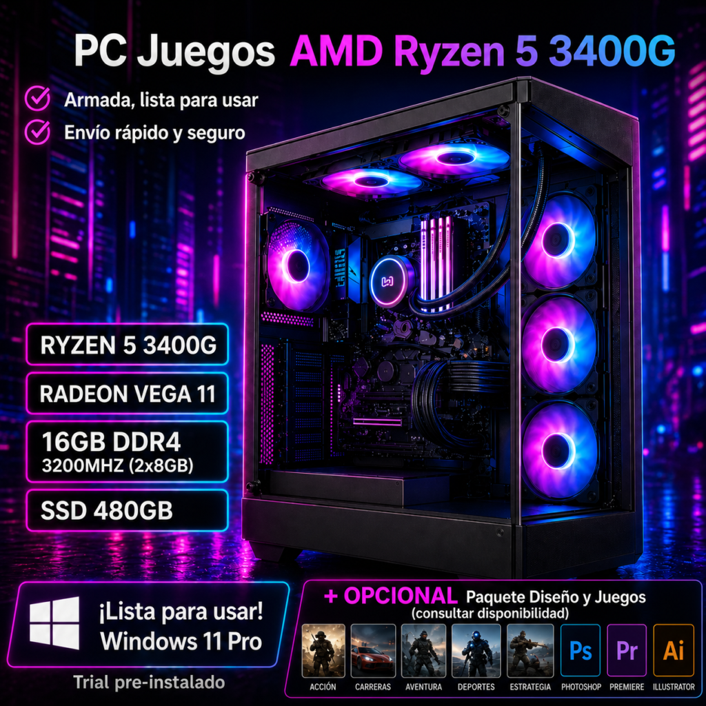 PC Juegos AMD Ryzen 5 3400G 16GB DDR4 3200MHz SSD 480GB