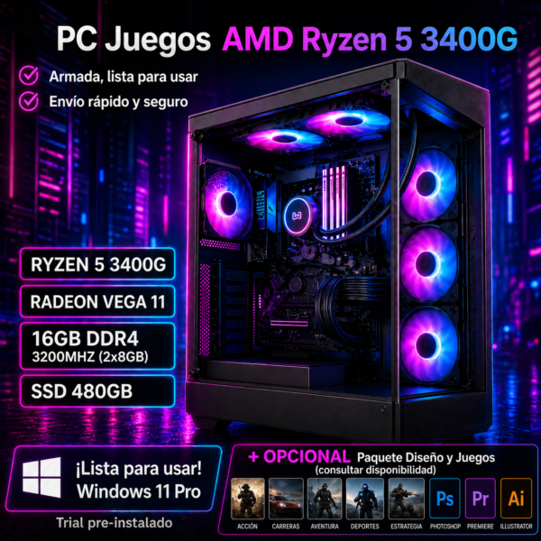 PC Juegos AMD Ryzen 5 3400G 16GB DDR4 3200MHz SSD 480GB