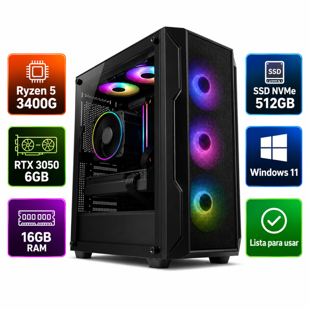 PC Gamer Ryzen 5 3400G RTX 3050 6GB 16GB SSD 512GB