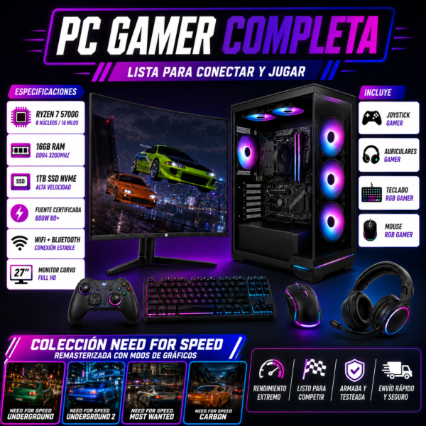 PC Gamer Ryzen 7 5700G 16GB SSD 1TB Monitor 27 + Juegos y Joystick