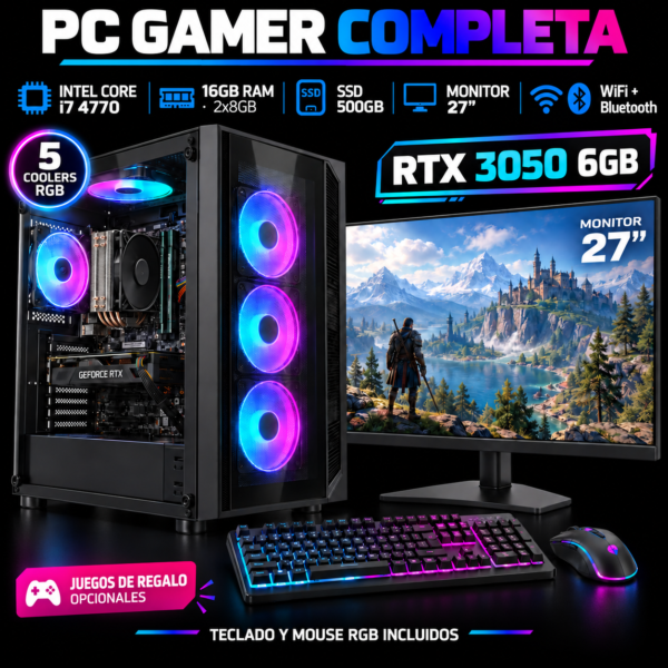 PC Gamer i7 4770 RTX 3050 6GB 16GB SSD 500GB WiFi BT + Monitor 27